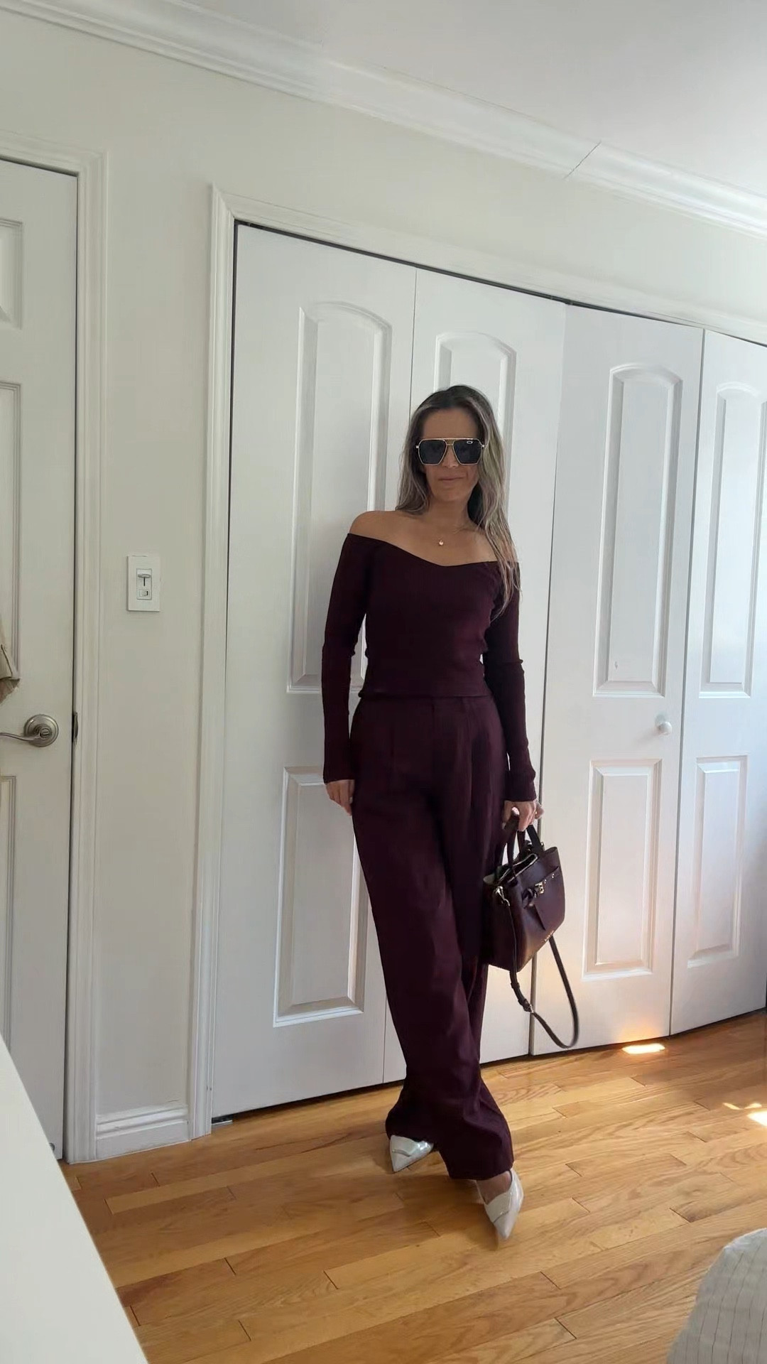 Burgundy off the shoulder knit top is true to size - wearing sz S

Burgundy tailored pants are sz 2 - I sized down

I’m 5’5” 122 lbs 

Burgundy bag is on sale



#LTKOver40 #LTKWorkwear #LTKFindsUnder50