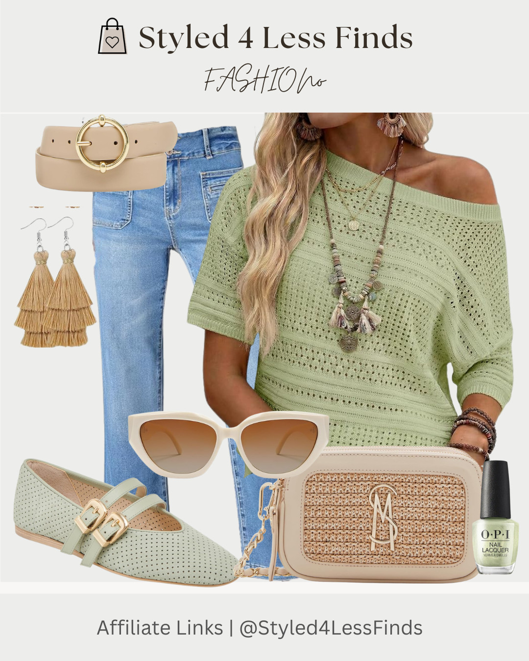 Easy, breezy neutrals with a soft pop of sage 💚 This look is all about mixing textures—light knit, classic denim, woven details, and gold accents—for that effortless, pulled-together feel.

Style tip: When wearing a relaxed, off-the-shoulder knit, balance it with structured pieces like straight-leg denim and a defined belt. Finish with woven or raffia accessories to keep the look fresh for spring. 

 #LTKcanada #LTKover50style #LTKstyletip