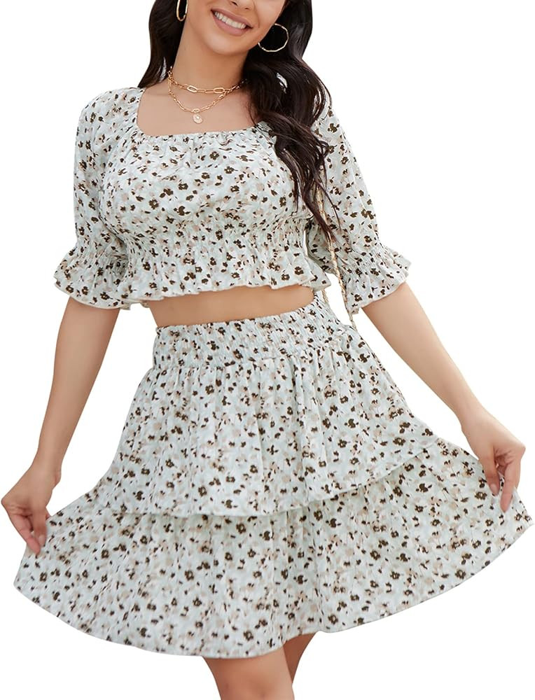 EXLURA Women's Two Piece Outfits Tiered Ruffle Tie Back Elbow Sleeve Smocked Off Shoulder Square Nec | Amazon (US)