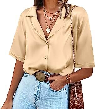 Chigant Women's Short Sleeve Satin Blouse Button Down Tops Casual Office Work Shirt S-XXL | Amazon (US)