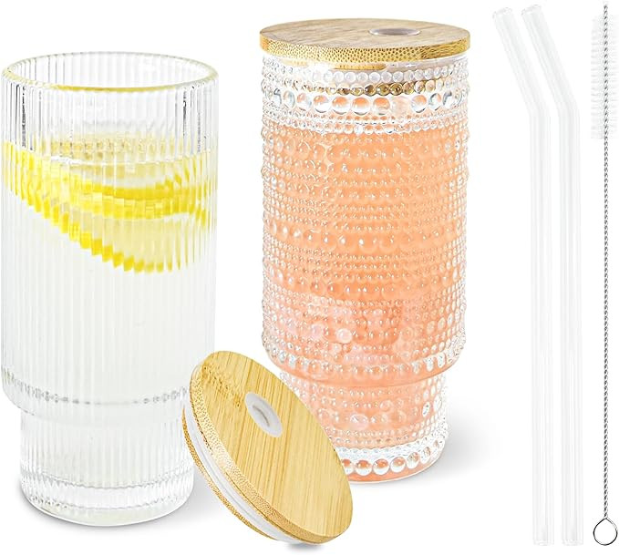16oz Drinking Glasses Cups Set of 2 with Bamboo Lids Straws Brush Vintage Glassware Set for Mojit... | Amazon (US)