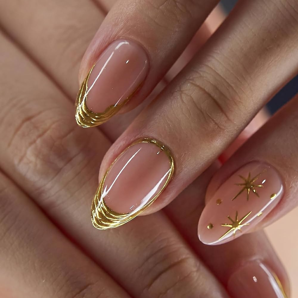 CurvLife Medium Almond French Tip Press On Nails, Gilded Halo Gold, Soft Gel | Amazon (US)