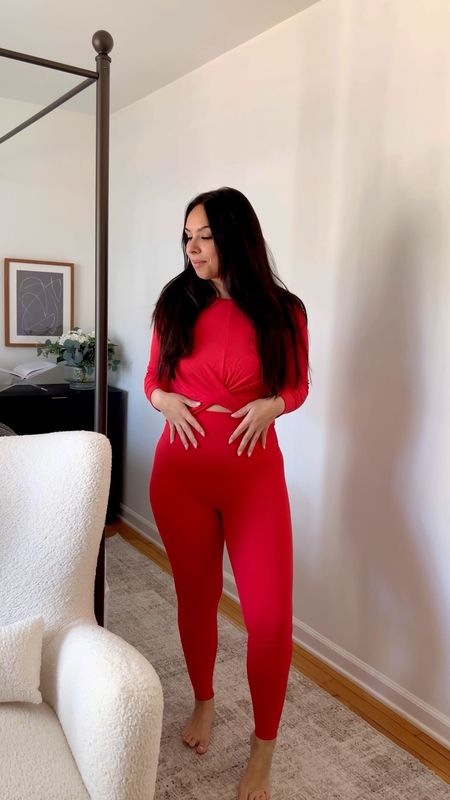Matching athleisure set that’s perfect for the holidays! Red is a neutral 🌹 matching set, activewear, leggings, crop top, long sleeve top, cross top, high waisted, cyber sale. 

#LTKCyberWeek #LTKsalealert #LTKHoliday