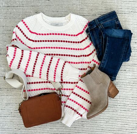 Casual every day outfit to wear for the winter months! Knit sweater on sale for 30% off with code LOVE. Linking similar jeans that are an extra 20% off! Great deals for a classic winter look. Love the pink and red detailing on the sweater for Valentines Day! 

#LTKsalealert #LTKSeasonal #LTKstyletip