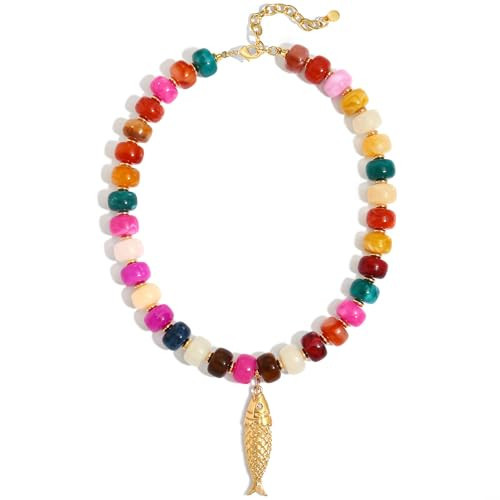 LILIE&WHITE Rainbow Beaded Fish Necklace For Women, Gold Ocean Fish Pendant Necklace, Boho Coastal Summer Vacation Trendy Chunky Charm Collar Beach Jewelry Accessory Gift for Her | Amazon (US)