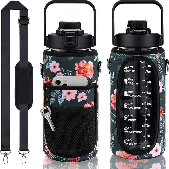 Half Gallon Water Bottle with Sleeve & Strap 64 OZ Motivational Water Bottle with Straw & Time Ma... | Amazon (US)