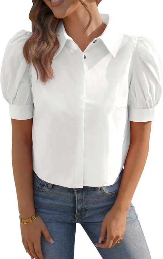 Tankaneo Womens Cropped Button Down Shirts Summer Puff Short Sleeve Collared Tops Dressy Casual C... | Amazon (US)