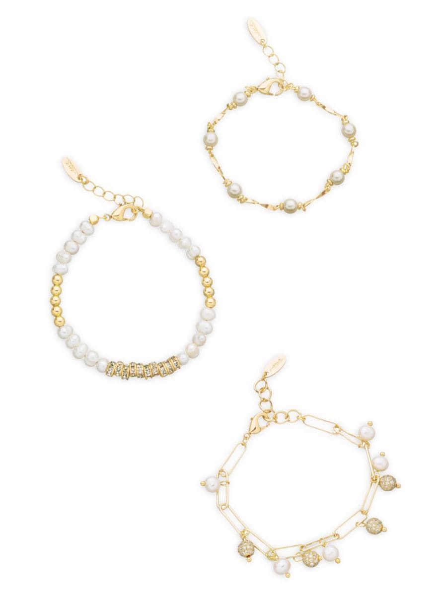 Pearl Party 18K Gold-Plate, Pearl & Cubic Zirconia Bracelet 3-Piece Set | Saks Fifth Avenue