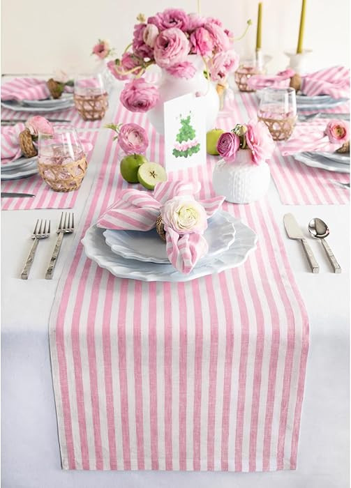 Solino Home Linen Table Runner 144 Inches Long - Amalfi Stripe, 100% Pure Linen Cherry Blossom an... | Amazon (US)