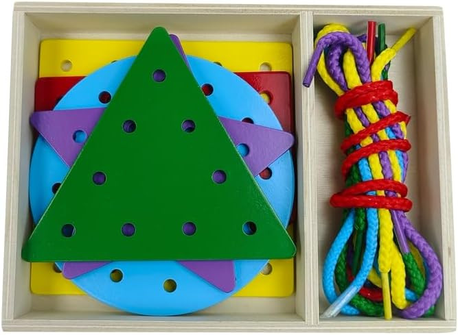 OLYDAUS 5 Pcs Double-Sided Shape Panels Wooden Threading Toy Lacing Cards for Toddlers, Lacing Sh... | Amazon (US)