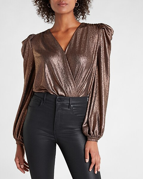 Metallic Draped V-Neck Long Sleeve Thong Bodysuit | Express