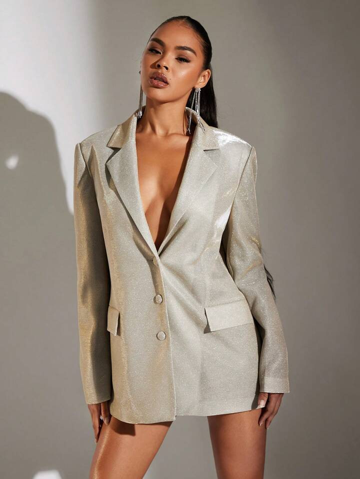 SHEIN BAE Silver Glitter Nightclub Party Suit Dress Coat, New Year's Eve Outfit | SHEIN