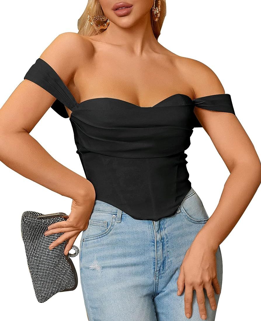 Off Shoulder Corset Top Push up Boned Ruched Cute Bustier Party Blouse for Women fashion night ou... | Amazon (US)