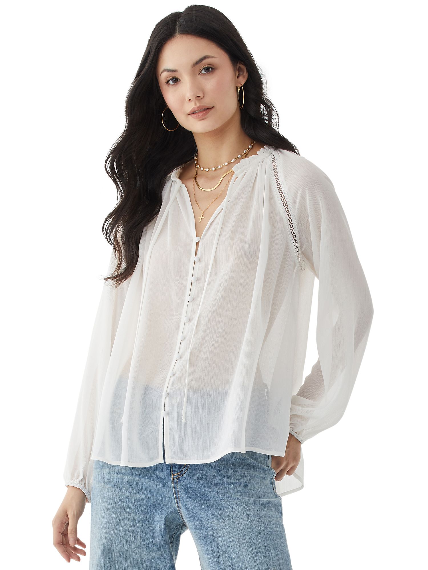 Scoop Women’s Lace Trim Blouse with Long Sleeves | Walmart (US)