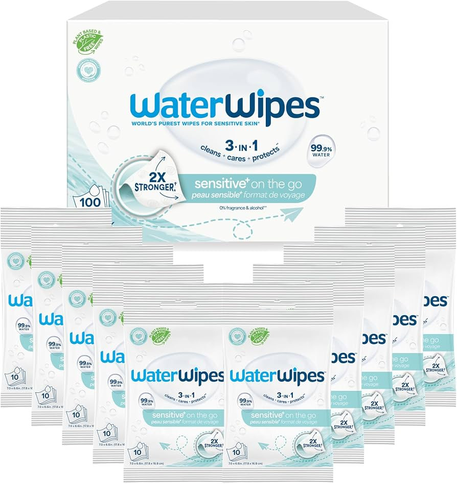 Amazon.com: WaterWipes Sensitive+ On The Go Wipes, 3-In-1 Cleans, Cares, Protects, 99.9% Water, Unscented & Hypoallergenic Wet Wipes, 100 Count (10 Packs) : Health & Household | Amazon (US)