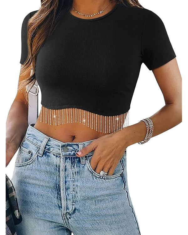 Womens Nashville Sparkly Glitter Fringe Short Sleeve Cropped Top Raceback Ribbed Crop Tank Tops w... | Amazon (US)