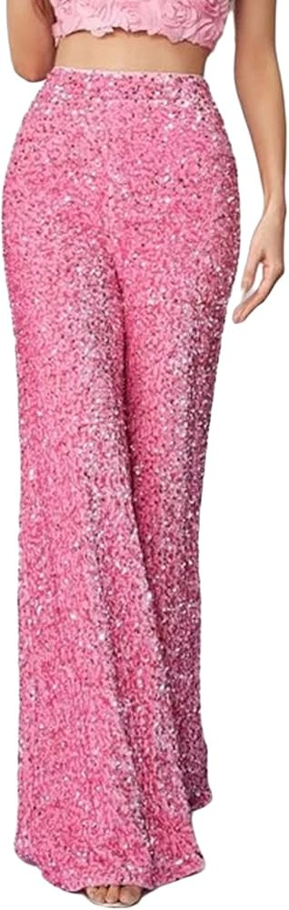 Women Sparkle Sequin Bell Bottom Pants High Waist Glitter Wide Leg Flare Palazzo Lounge Long Loos... | Amazon (UK)