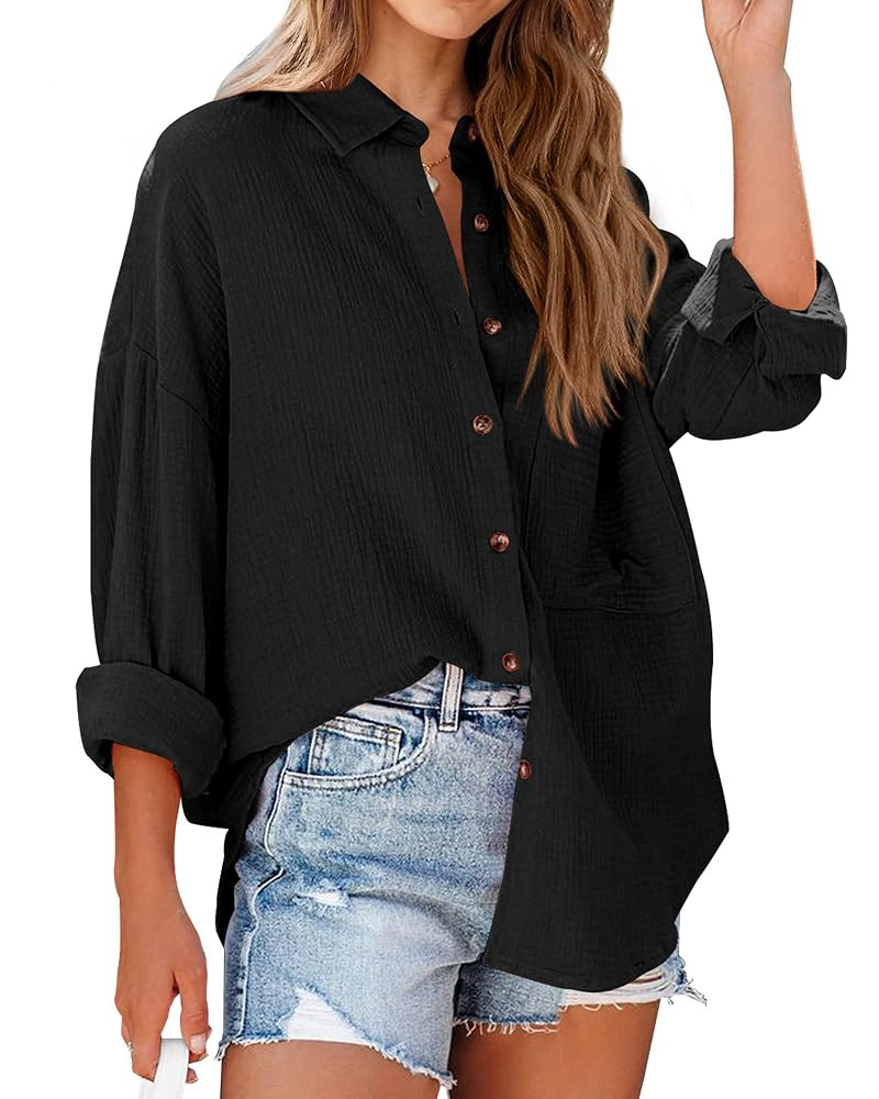 NOLLSOM Casual Shirts for Women Long Sleeve Button Down Blouses Fall 2025 Solid Color Trendy Tops... | Amazon (US)