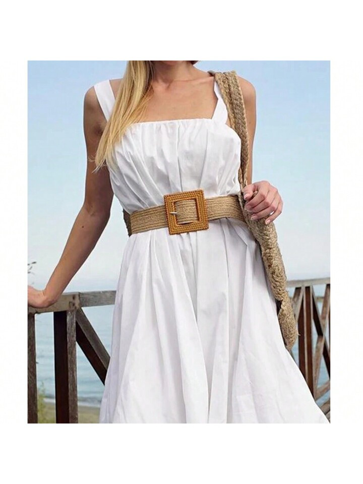 1pc Beach Style Brown Rectangular Buckle Woven Pp Grass Elastic Belt | SHEIN USA | SHEIN