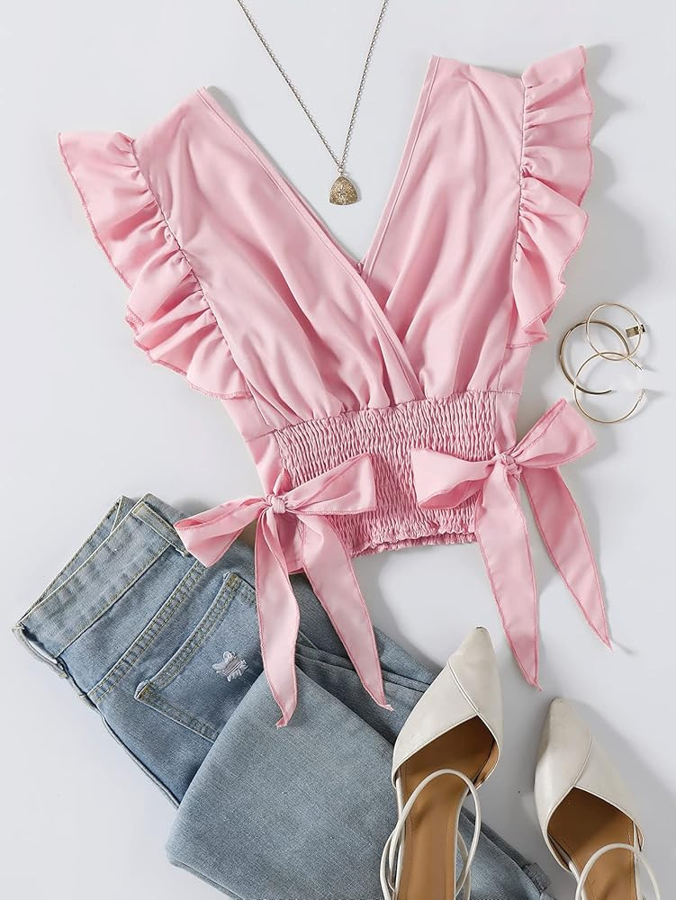 LYANER Women's V Neck Polka Dots Ruffle Cap Sleeve Shirred Hem Blouse Crop Tank Top | Amazon (US)