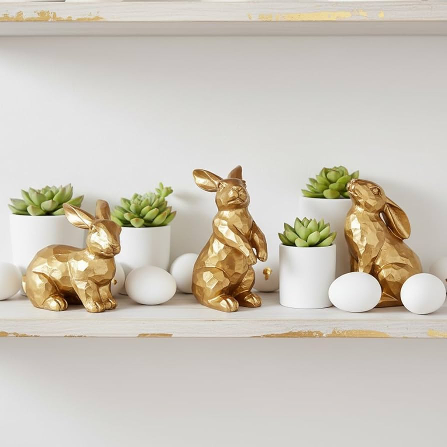 Easter Bunny Decorations, 3 PCS Resin Gold Bunny Figurines Vintage Rabbit for Easter Decor Small ... | Amazon (US)