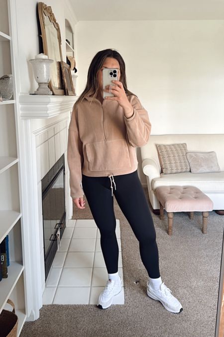 Amazon style. Amazon finds. Spring outfit. Travel outfit. Fleece half zip. Black leggings. Lululemon. Crop top. Sneakers. Dupe. Look for less. Mom outfit. Gym outfit. Workout. Activewear  

#LTKstyletip #LTKActive #LTKfitness