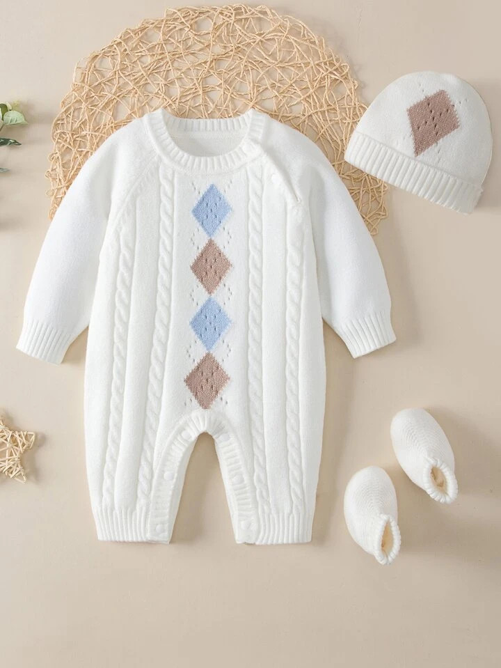 Baby Argyle Pattern Raglan Sleeve Cable Knit Jumpsuit & Hat & Knit Shoes | SHEIN