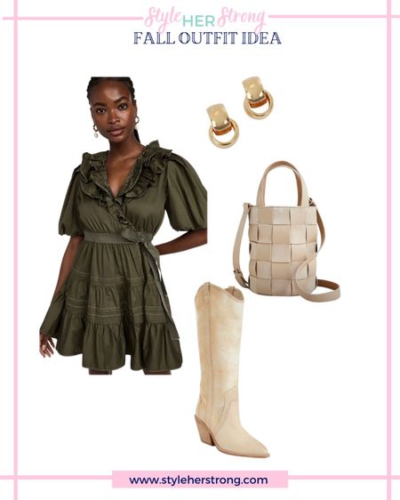 Fall outfit: olive smocked ruffle dress, wedding guest dress, bucket bag, cowboy boots 

#LTKitbag #LTKshoecrush #LTKSeasonal
