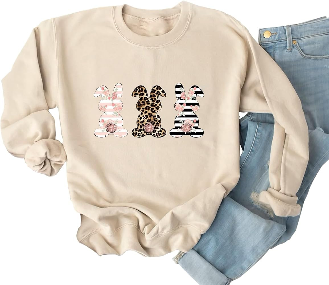 Ykomow Happy Easter Sweatshirt Women Long Sleeve Cute Bunny Rabbit Graphic Tees Pullover | Amazon (US)