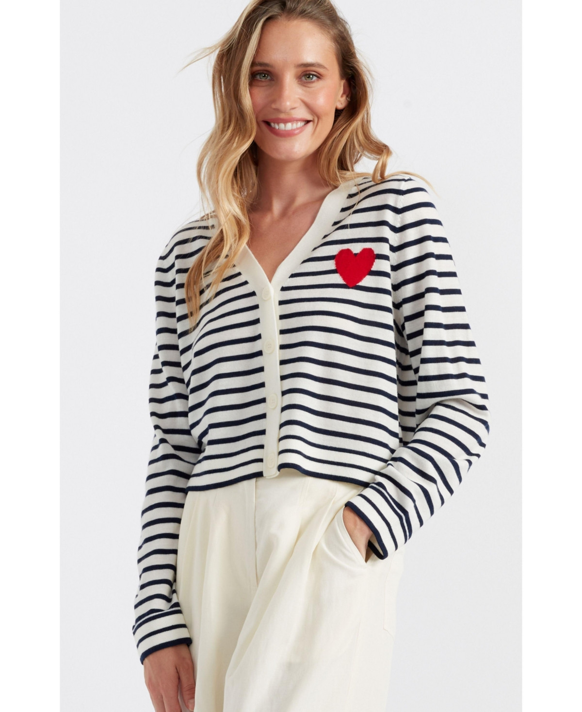 Chinti & Parker Women's Pure Merino Heart Breton Cardigan - Cream/navy/true red | Macy's