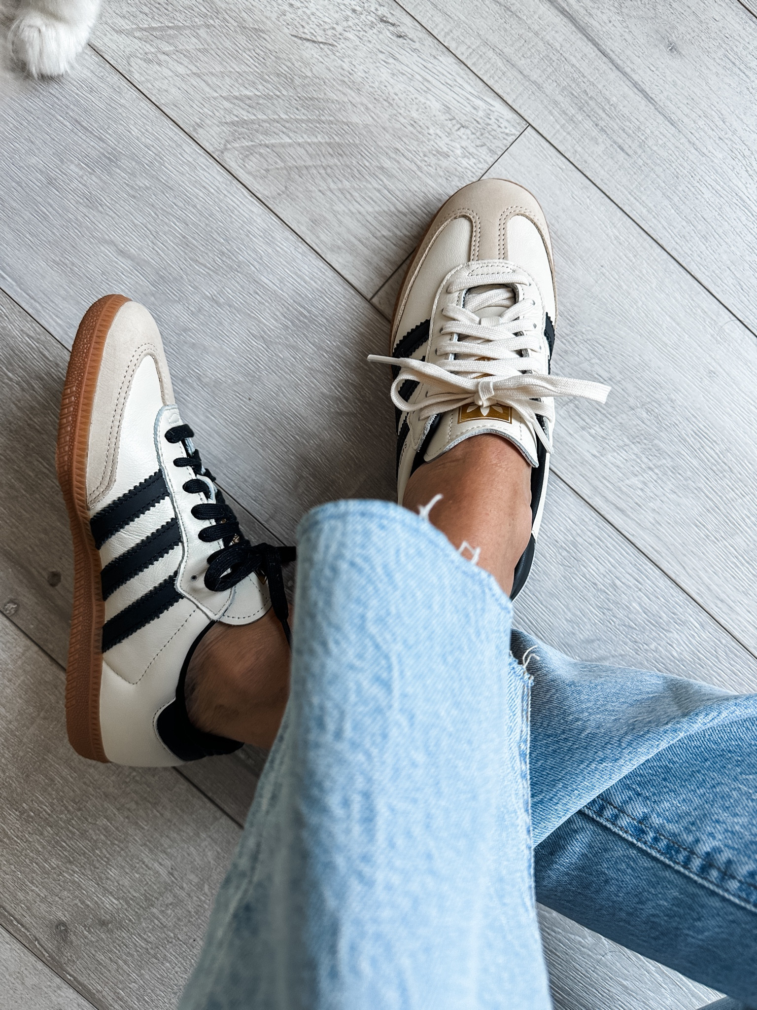 Adidas sambas
In cream and black.  You can wear with black laces or cream, both are included

I traditionally wear a women’s 6 1/2 or a European 37 in sneakers… I have these in a 6

#LTKshoecrush #LTKover40 #LTKstyletip
