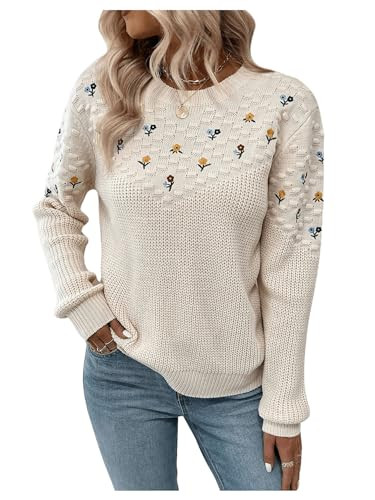 GORGLITTER Women's Fall Crochet Sweaters Lightweight Floral Long Sleeve Embroidered Knit Flower C... | Amazon (US)