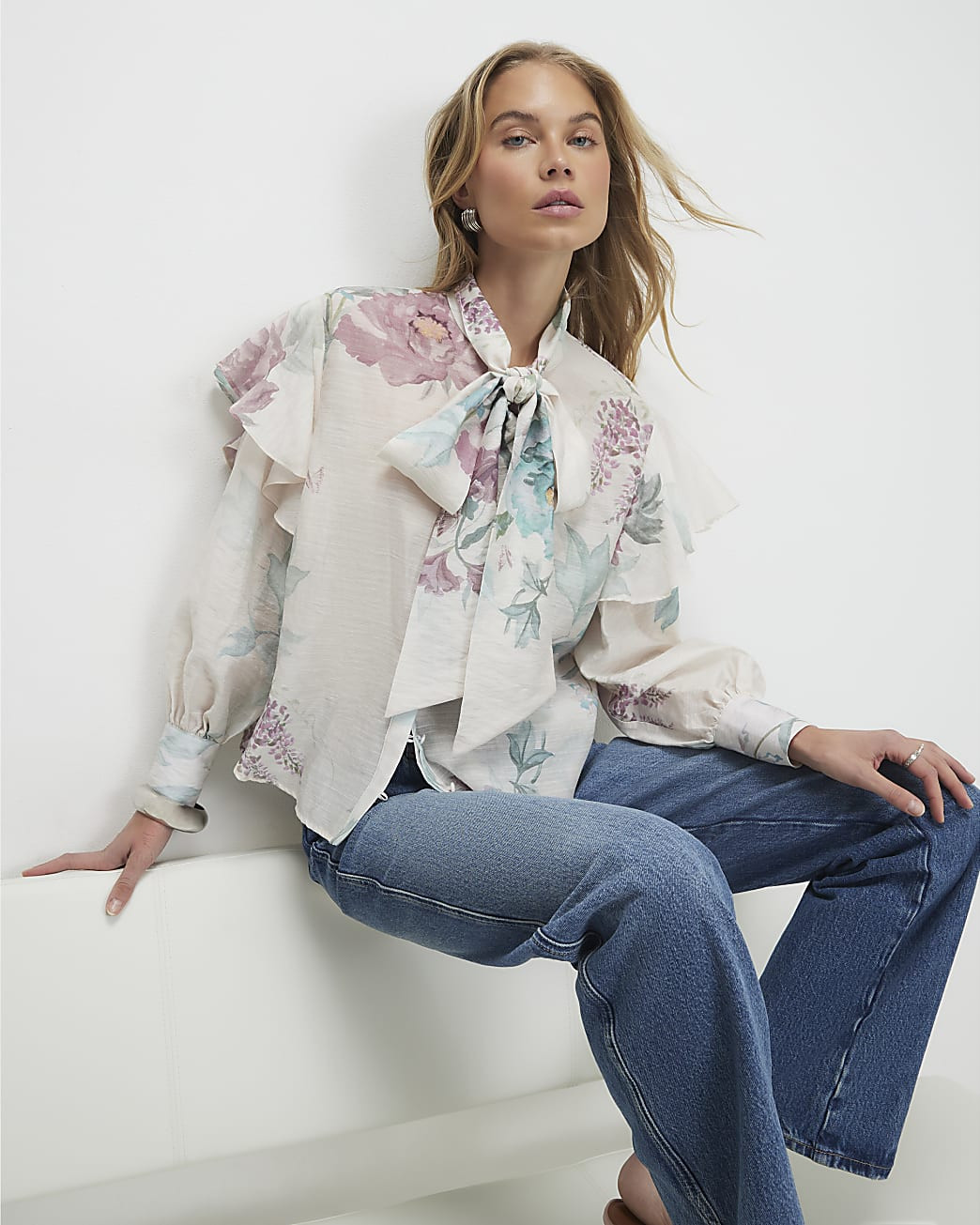 Cream Floral Pussybow Blouse | River Island UK & IE