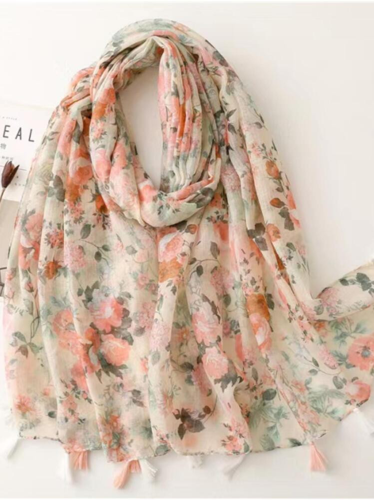 1pc Beach Accessories New Arrival Romantic Pink Flower Printed -Linen Blend Scarf With Tassel For Women, Suitable For Casual Wear, Travel, Beach, Shawl, Gift Boho Winter Fall | SHEIN