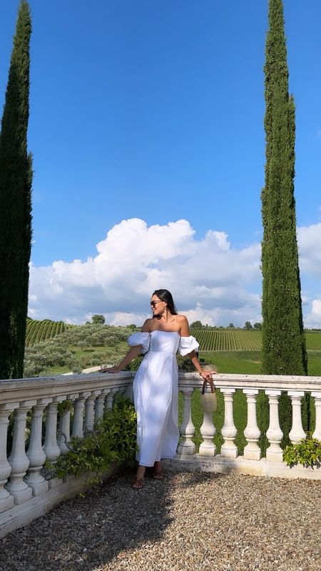 Kat Jamieson wears an off the shoulder dress, white dress, summer outfit, Tuscany, vacation style, bridal, maxi dress. 

#LTKSeasonal #LTKstyletip