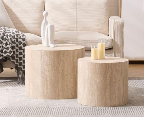 Round Wood Nesting Coffee Table Set of 2, Modern Circle Travertine End Side Table Sets for Living... | Amazon (US)