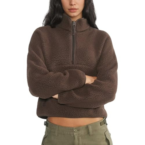 Keeliya Womens Fleece Sweatshirts Cropped Half Zip Fuzzy Warm Sherpa Pullover Varsity Jackets with Zipper Pockets(Brown,M) | Amazon (US)