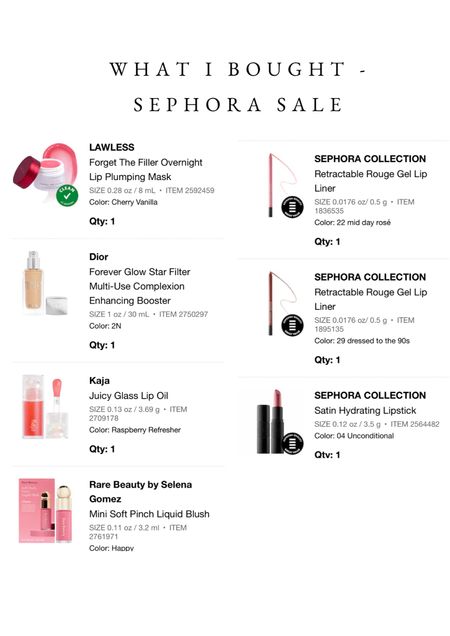 Today is the last day for the Sephora sale! 10% off everything plus 30% off anything Sephora collection. They have some of my fav lipliners! Here is what I bought 

Makeup. Sephora sale. Rare beauty. Sephora collection. Dior. Skin glow. Kaja. Lip oil. Lip mask. Plumping lip mask. Makeup must haves. Makeup favorites. 

#LTKbeauty #LTKsalealert #LTKxSephora
