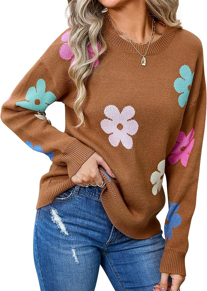 Angashion Womens Sweaters Flower Print - Crewneck Knitted Long Sleeve Sweaters Fall Winter Pullov... | Amazon (US)