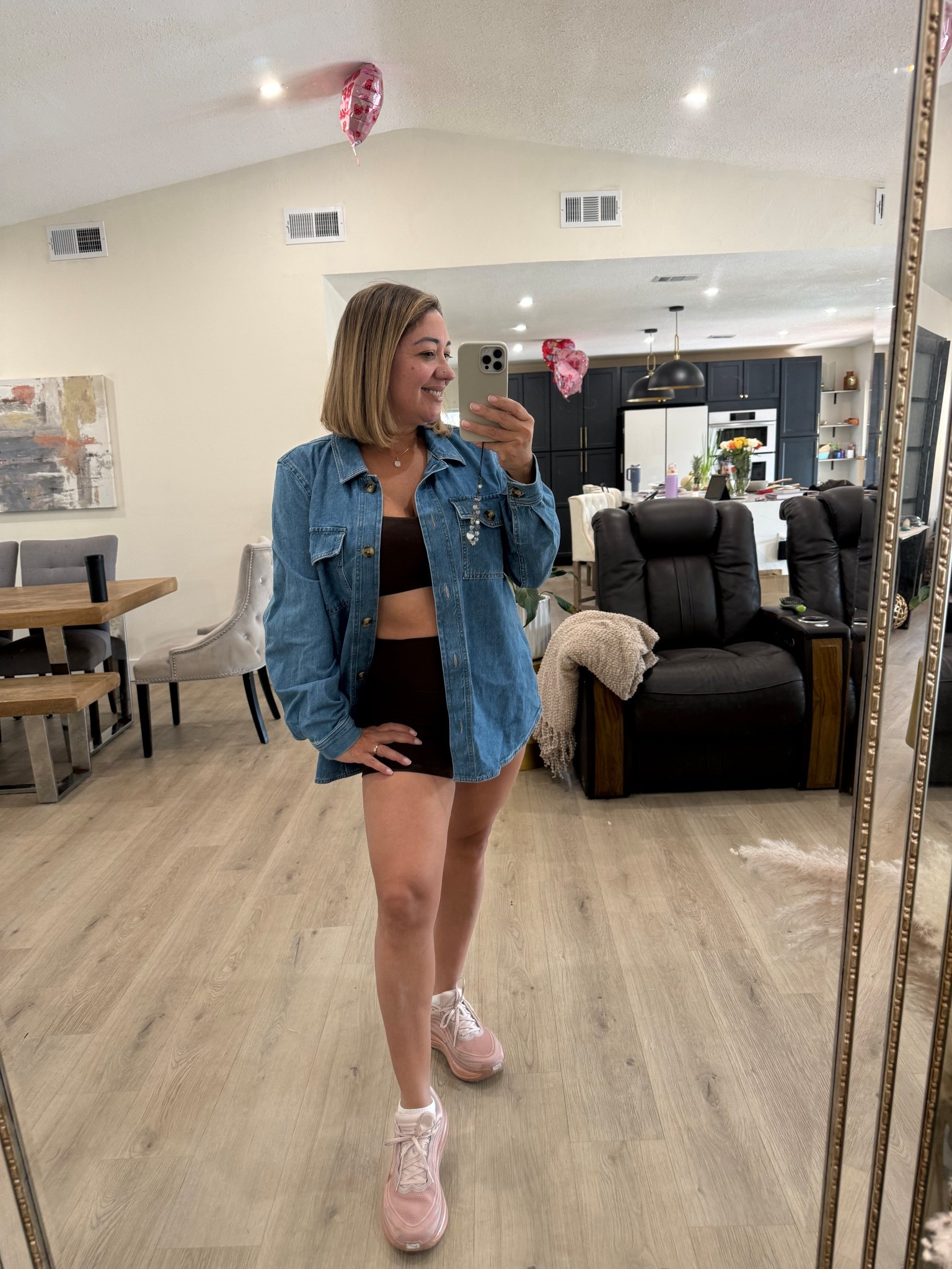 In love with this inexpensive and beautiful workout outfit from @crzyoga and this oversized denim jacket  and the most comfortable shoes @nike 

#workoutfashion #womenover45 #crzyoga 

#LTKActive #LTKfitnessgoals #LTKmorningroutine