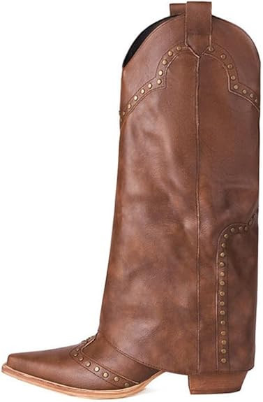 Yolkomo Western Cowgirl Cowboy Boots for Women Wide Calf Knee High Fold Over Boots | Amazon (US)