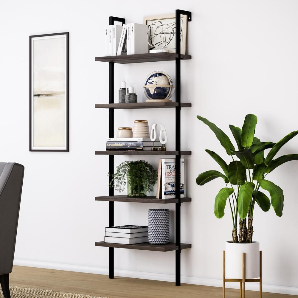 Theo Dark Walnut Brown 5-Shelf Ladder Bookcase or Bookshelf with Black Metal Frame | The Home Depot
