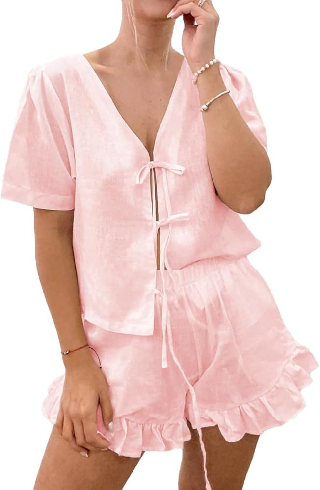 Womens Ruffle Short Sets 2 Piece Outfits Fashion Summer Tie Front Top and Shorts Cotton Pajamas S... | Amazon (US)