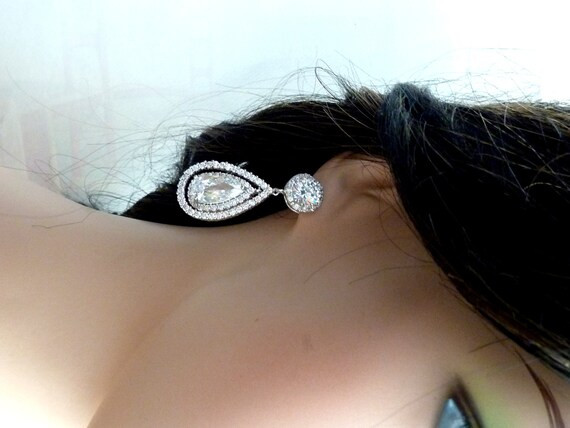 Original Design - Wedding Bridal Earrings BIG Quality Halo White Clear Pear Shaped Hoop Cubic Zir... | Etsy (US)