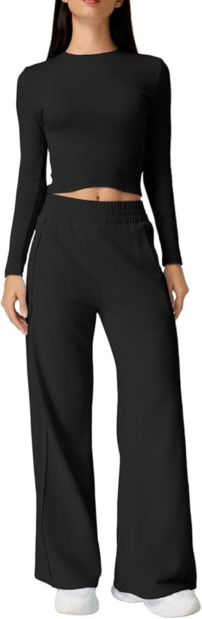 QINSEN Womens 2 Piece Sets Long Sleeve Slim Fit Crop Tops Wide Leg Pants Matching Lounge Set | Amazon (US)