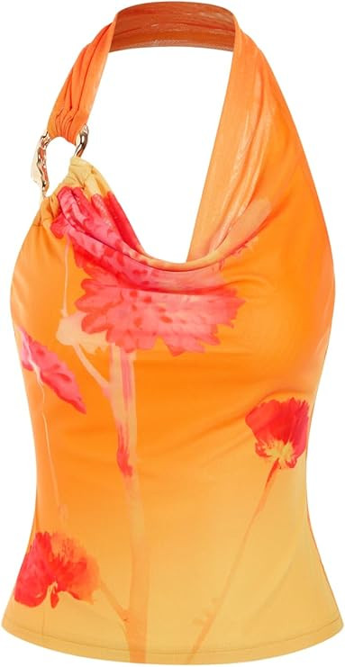 CIDER Womens Halter Tops Backless Metal Ring Sleeveless Floral Ruched Going Out Tops 2026 Summer ... | Amazon (US)