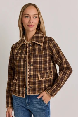 Brown Plaid Embroidered Trim Jacket | Avara