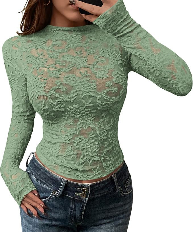 BTFBM Mesh Long Sleeve Tops for Women Lace Sexy Sheer Tight See Through Crew Neck Spring Fall 202... | Amazon (US)