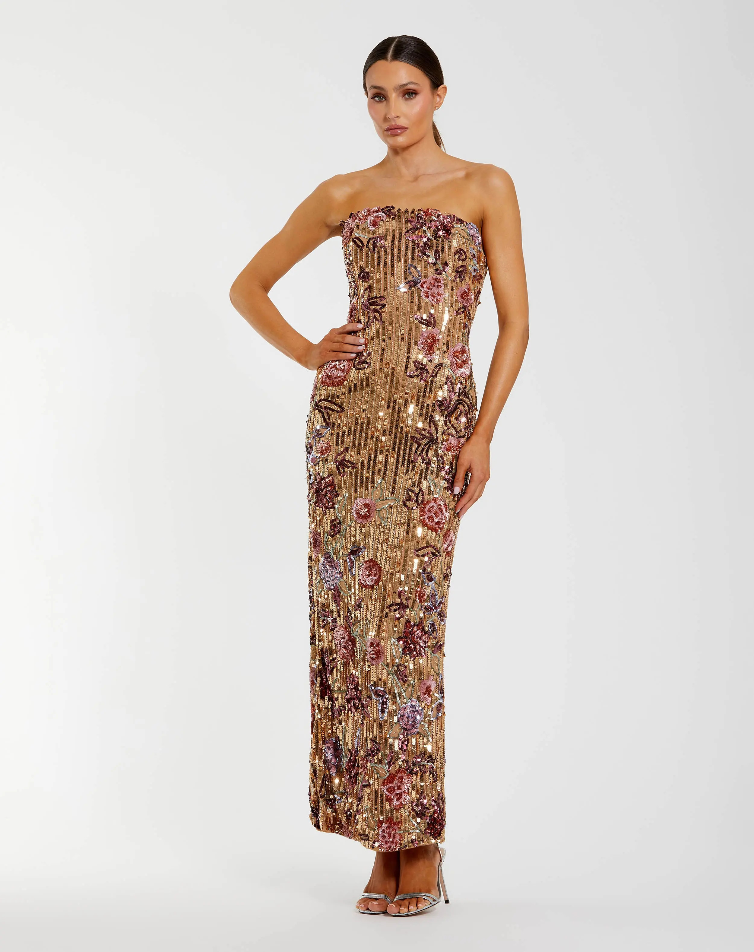 Gold Floral Embellished Strapless Column Dress - Gold Multi / Regular / US 8 | Mac Duggal