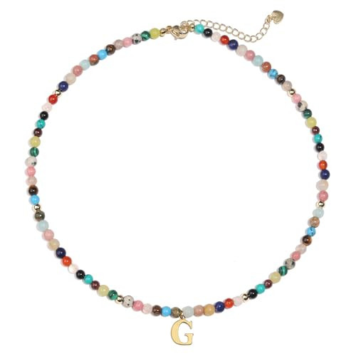 Miss Pink Beaded Necklace G Initial Necklace for Women, Colorful Rainbow Boho Beaded Choker Necklaces Handmade Gemstone 18K Gold Plated Initial Letter Necklace Trendy Summer Benchy Jewelry (G) | Amazon (US)
